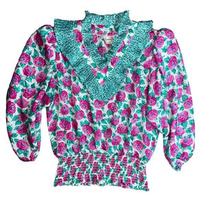 Vintage 80’s Susan Freis Floral Ruffle Blouse Made In USA Women’s Size XS Boho